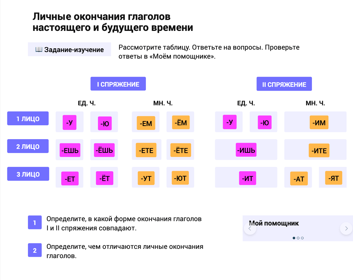 Задание-изучение: личные окончания настоящего и будущего времени